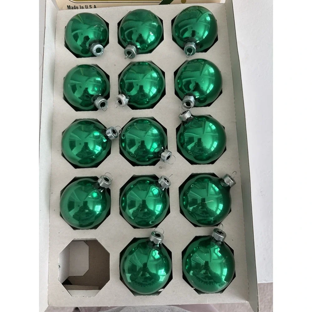 Vintage Pyramid Jumbo Green Glass Christmas Ornaments Set of 14 Made in USA